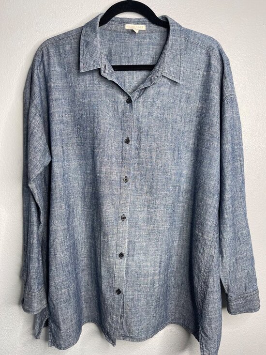Eileen Fisher Tops - Eileen Fisher Blue Button-Down Linen Shirt